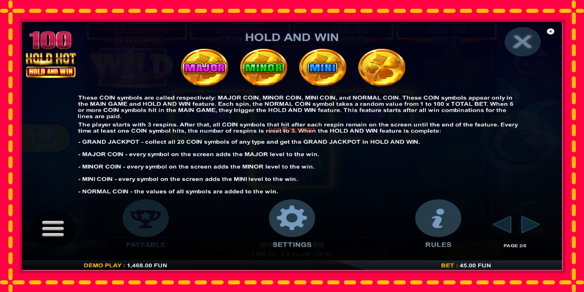 100 Hold Hot Hold and Win - spēļu automāts ar modernu grafiku