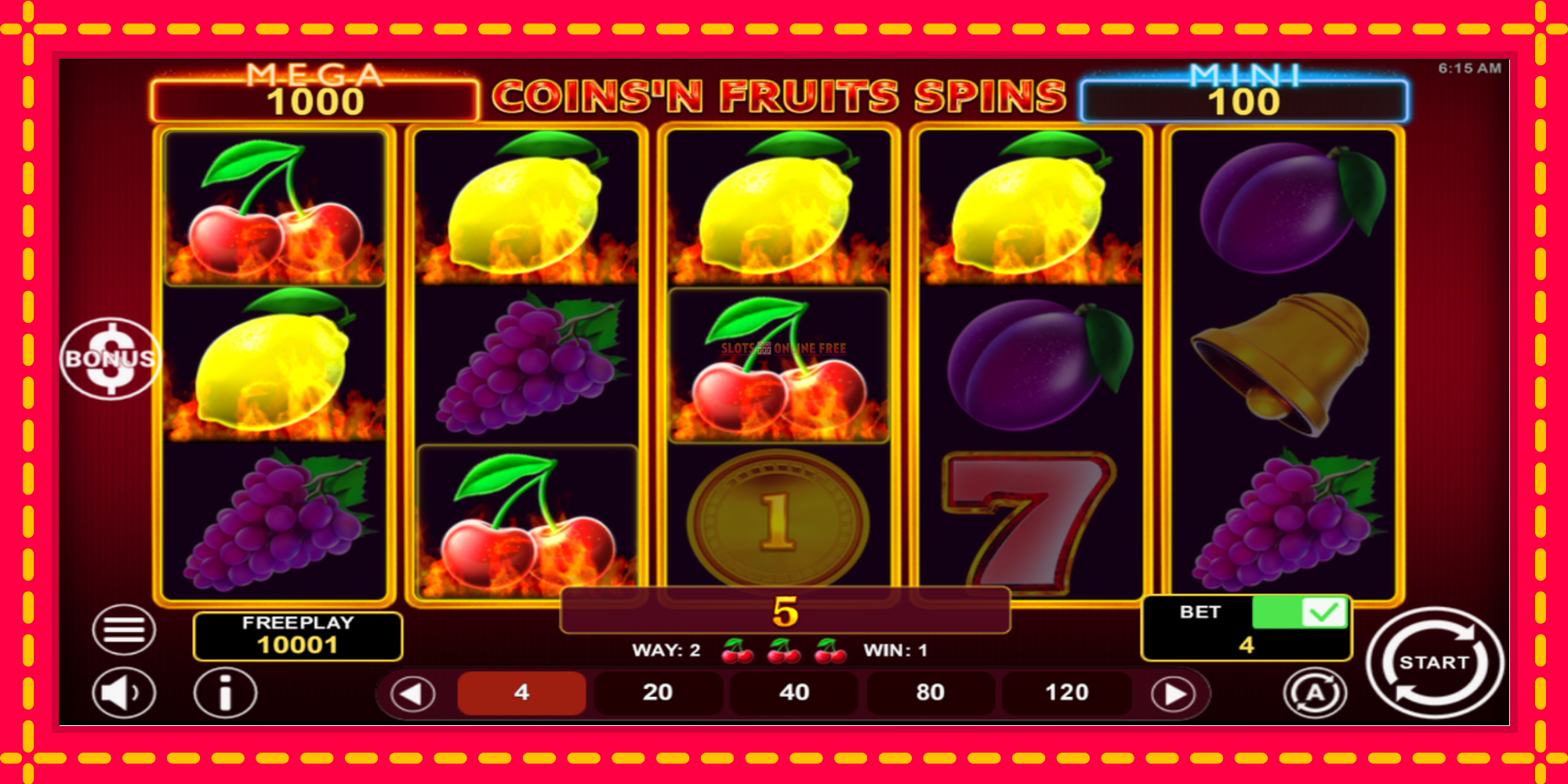 Coinsn Fruits Spins - spēļu automāts ar modernu grafiku