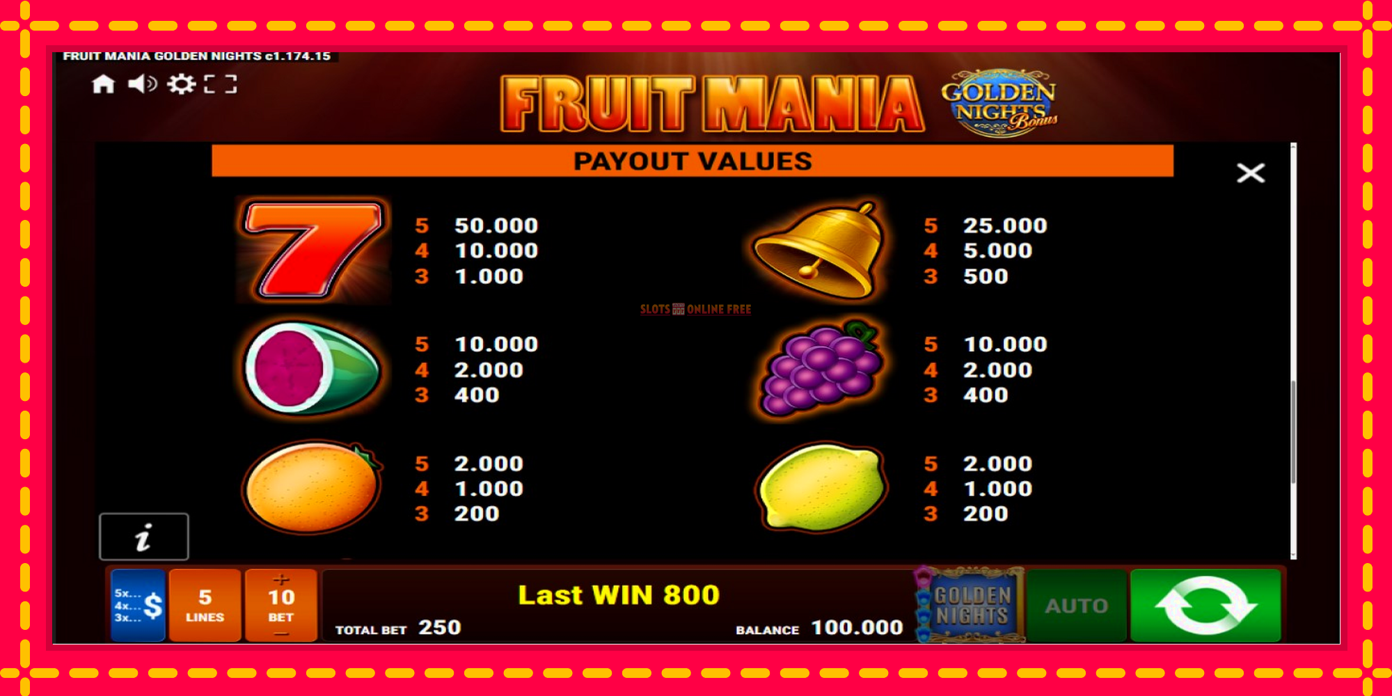 Fruit Mania Golden Nights - spēļu automāts ar modernu grafiku