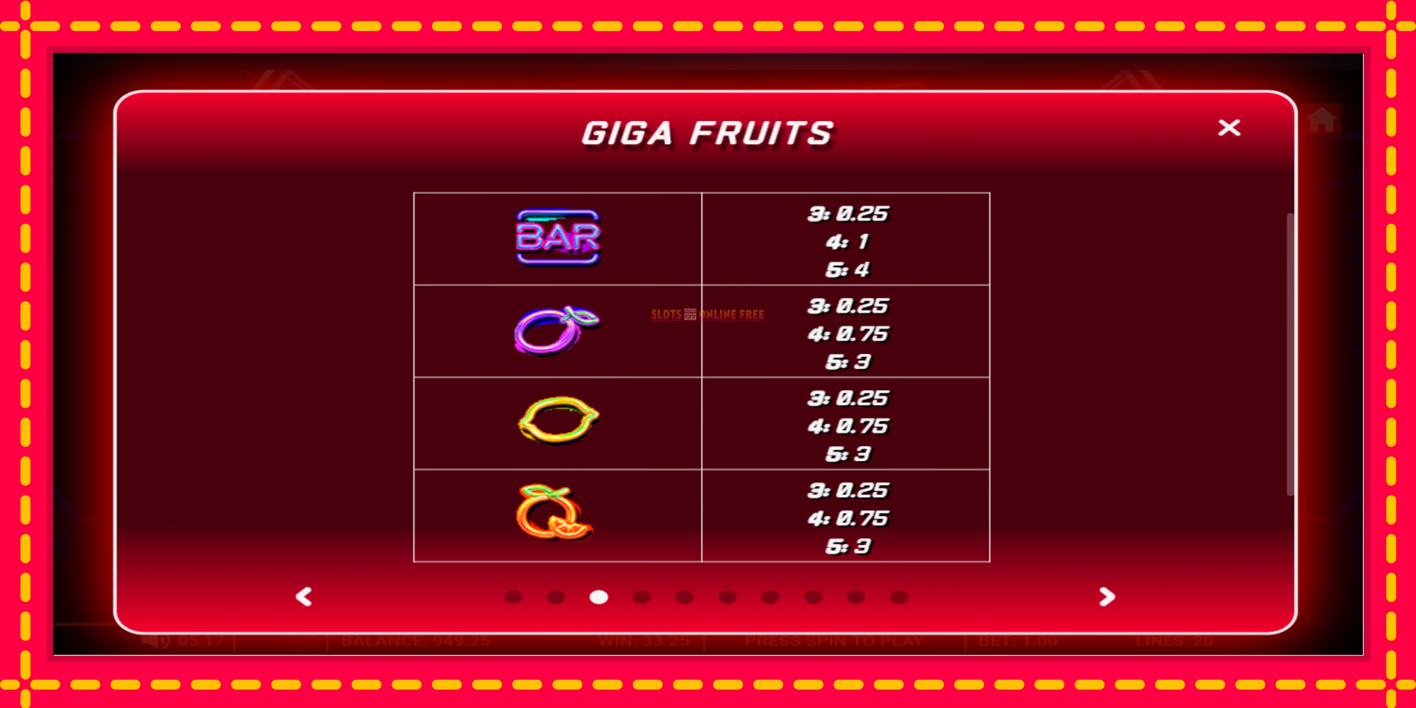 Giga Fruits - spēļu automāts ar modernu grafiku