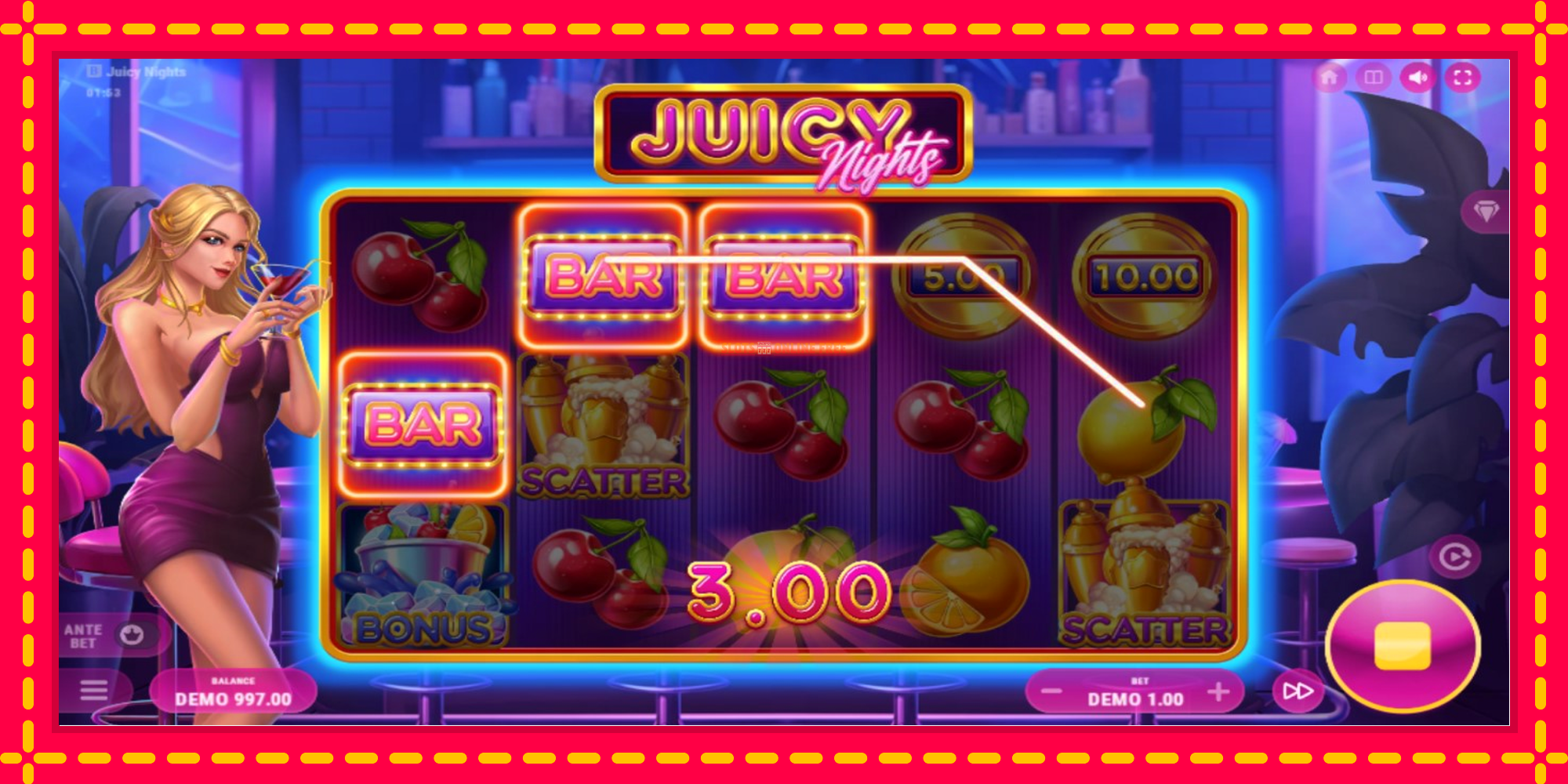 Juicy Nights - spēļu automāts ar modernu grafiku