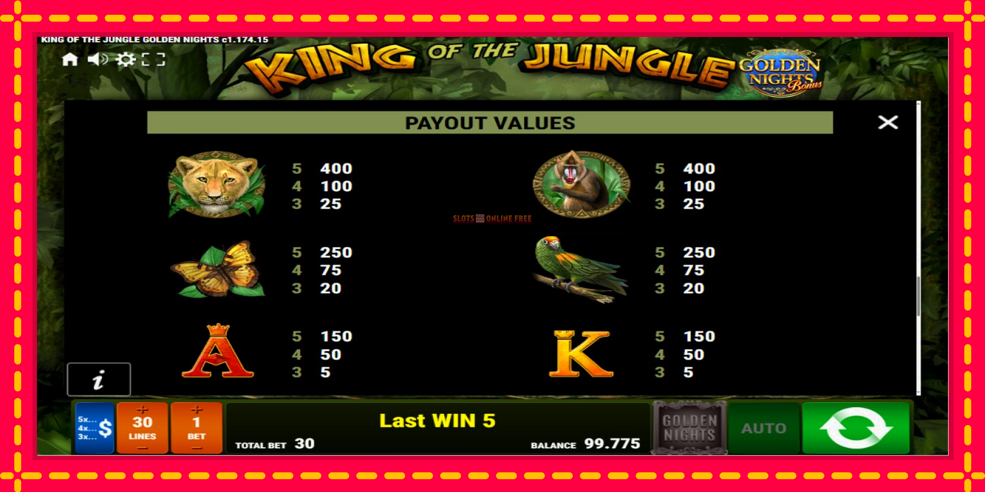 King of the Jungle Golden Nights - spēļu automāts ar modernu grafiku