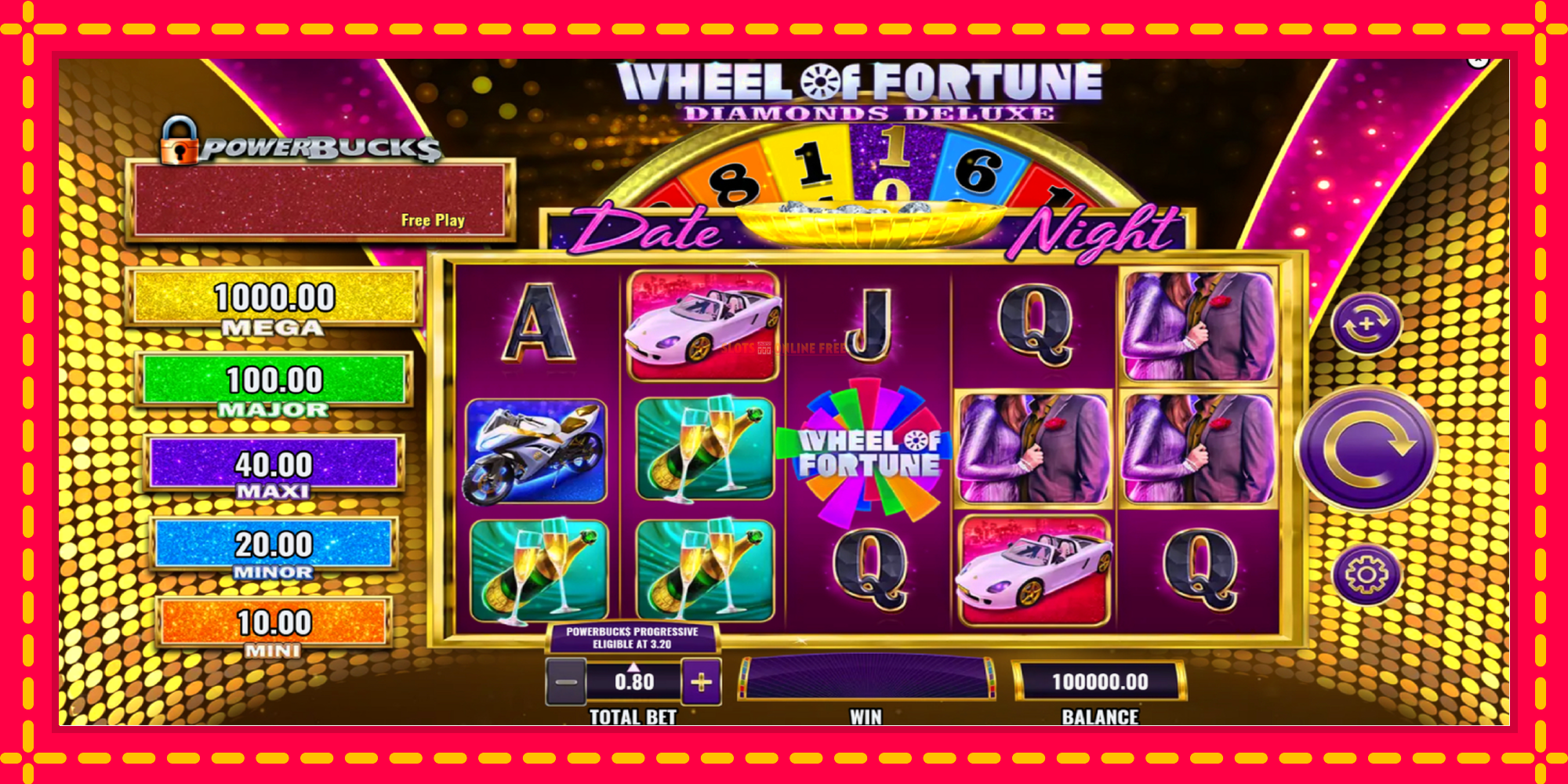 PowerBucks Wheel of Fortune Diamonds Deluxe Date Night - spēļu automāts ar modernu grafiku