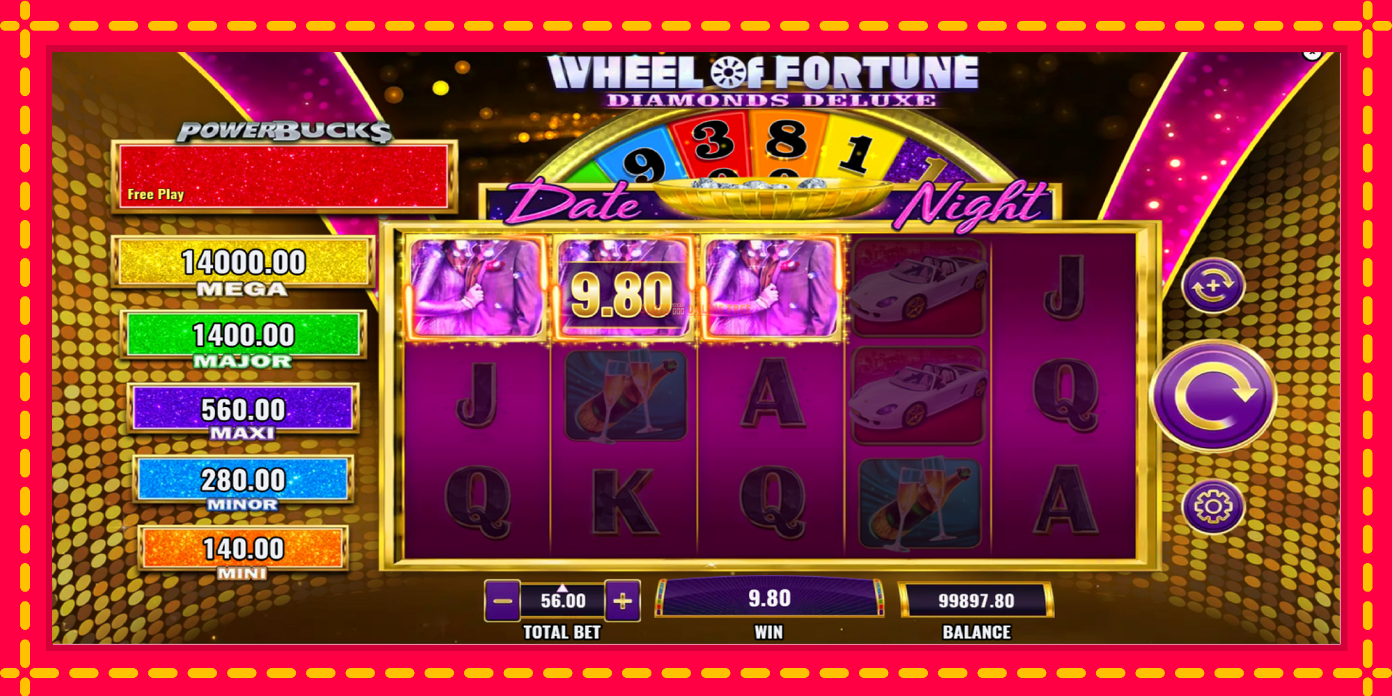 PowerBucks Wheel of Fortune Diamonds Deluxe Date Night - spēļu automāts ar modernu grafiku