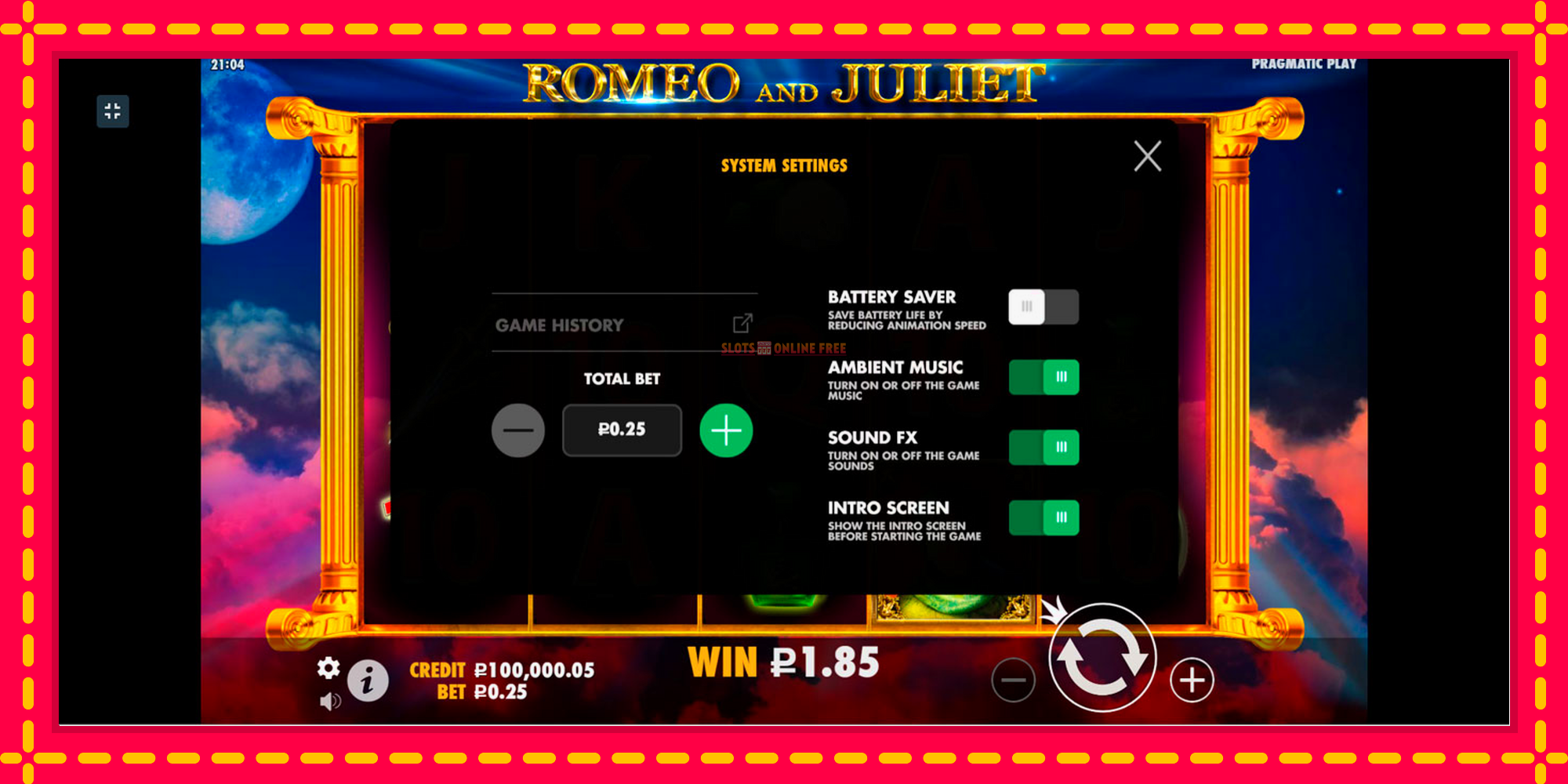 Romeo and Juliet - spēļu automāts ar modernu grafiku