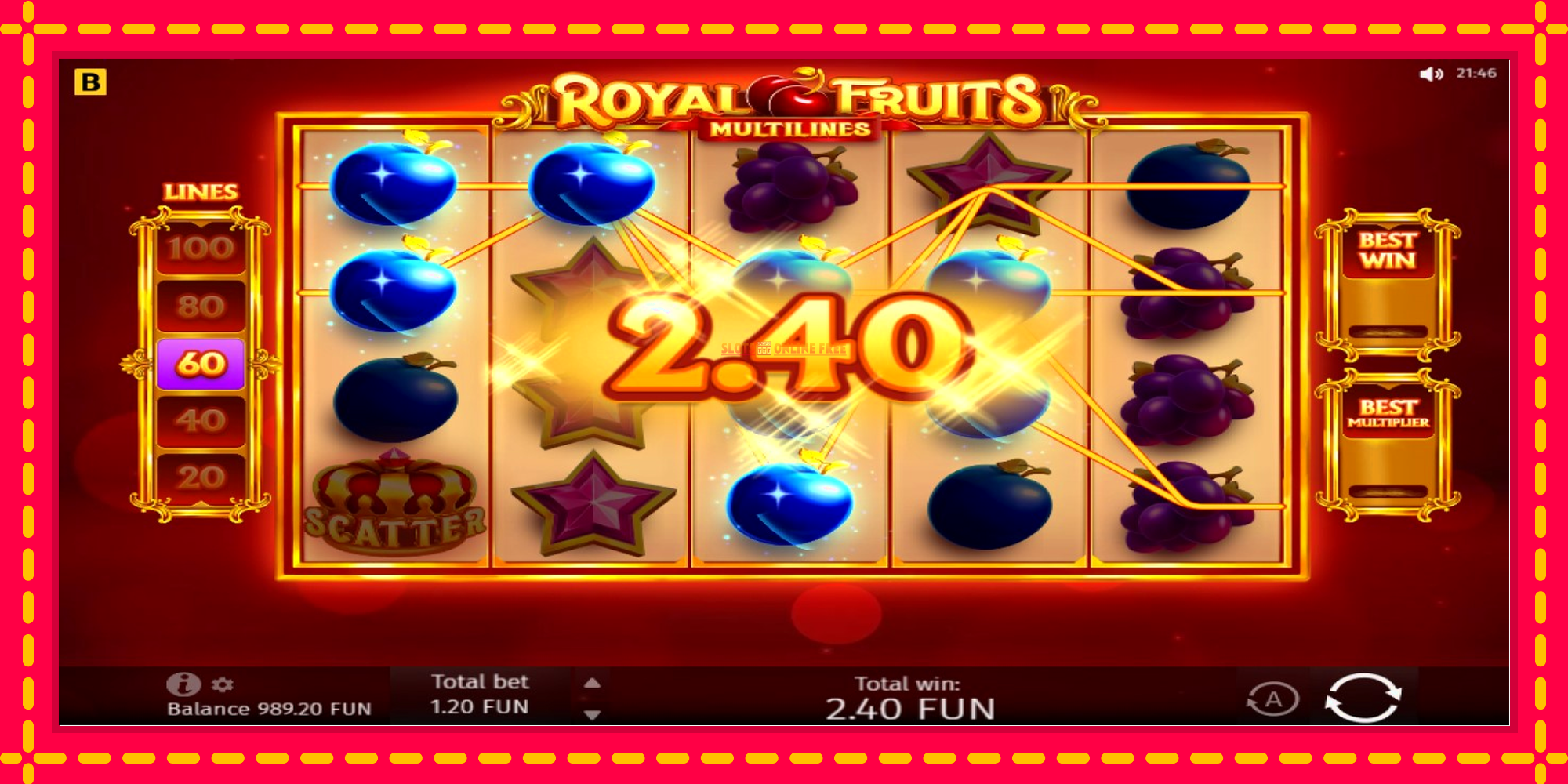 Royal Fruits Multilines - spēļu automāts ar modernu grafiku