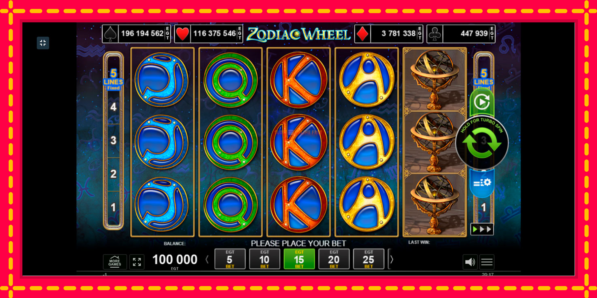 Zodiac Wheel - spēļu automāts ar modernu grafiku