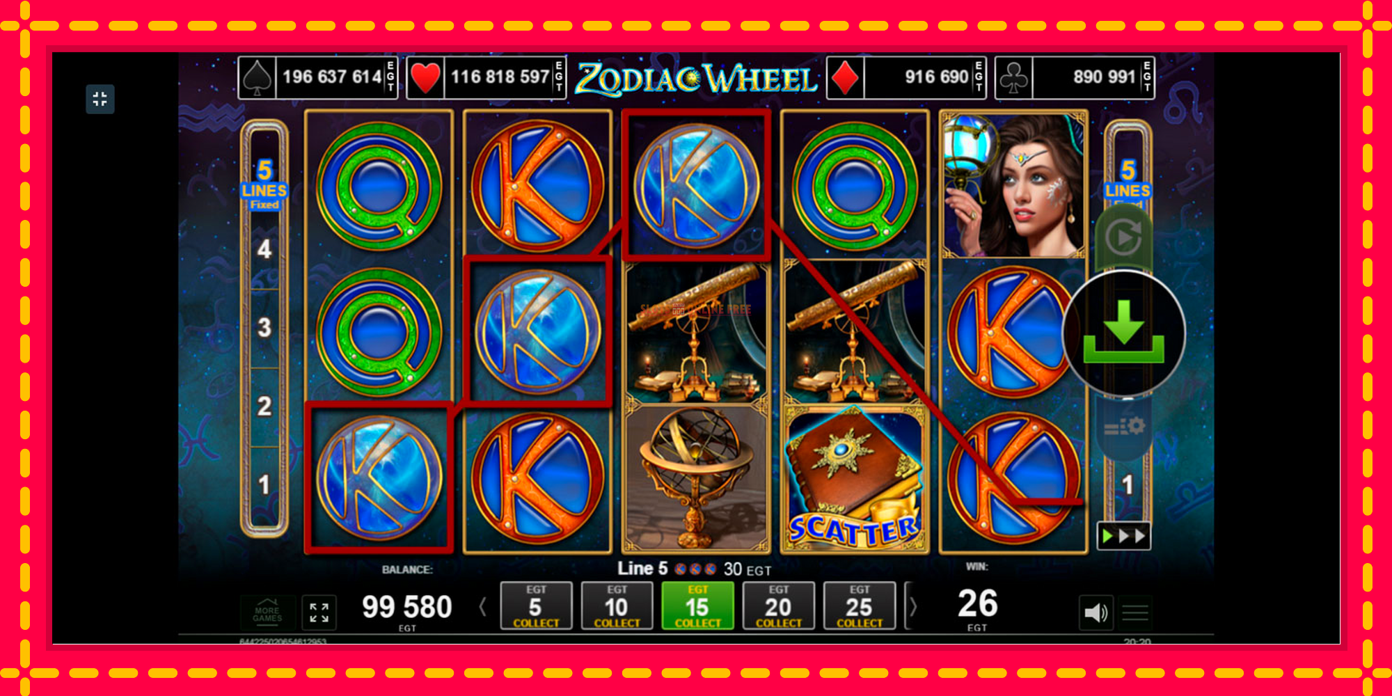 Zodiac Wheel - spēļu automāts ar modernu grafiku